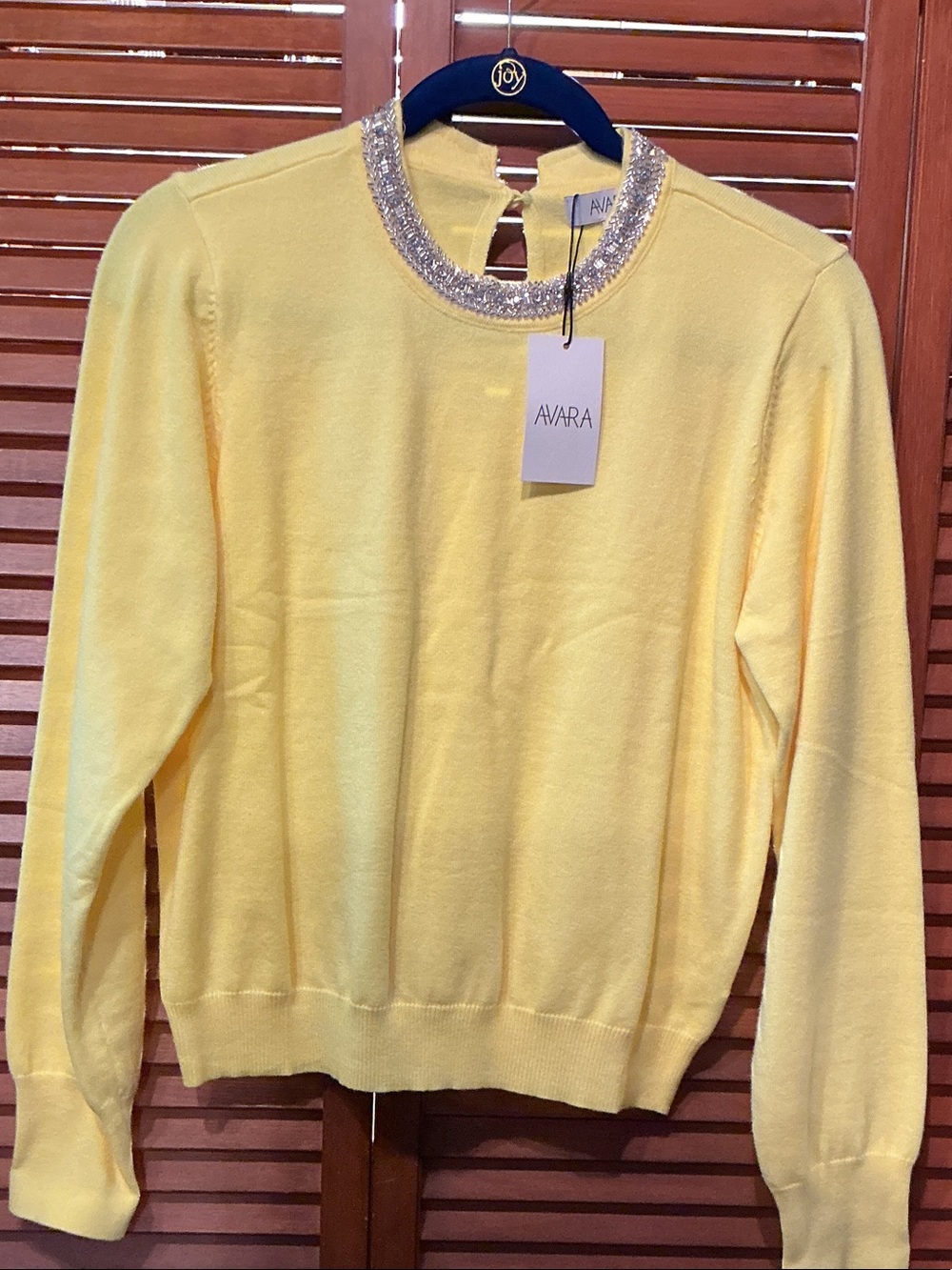 AVARA Lemon Crewneck Sweater with Jeweled Neckline
